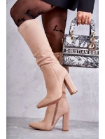 Klasyczne Zamszowe Kozaki Na Obcasie Ciemnobeżowe Tressa