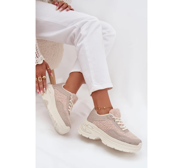 Sneakersy Damskie Z Cyrkoniami I Futerkiem Typu Baranek Jasnobeżowe Zarika Sneakersy Damskie Z Cyrkoniami I Futerkiem Typu Baranek Jasnobeżowe Zarika
