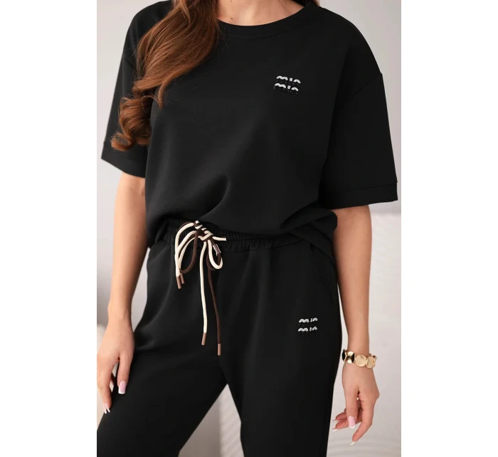 Dámsky viskózový maslový set s krátkym rukávom a nohavicami s ohrnutými nohavicami čierny