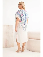 Dámske viskózové plus size šaty s krátkymi rukávmi a bočnými rozparkami béžovej farby