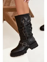 Ocieplane Kozaki Damskie Z Paskami I Klamrami Czarne Ivaline