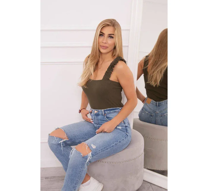 Blúzka s nariasenými ramienkami vo farbe khaki