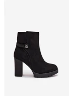 Ocieplane Botki Damskie Na Słupku Z Ozdobnym Paskiem Czarne Zayna Ocieplane Botki Damskie Na Słupku Z Ozdobnym Paskiem Czarne Zayna