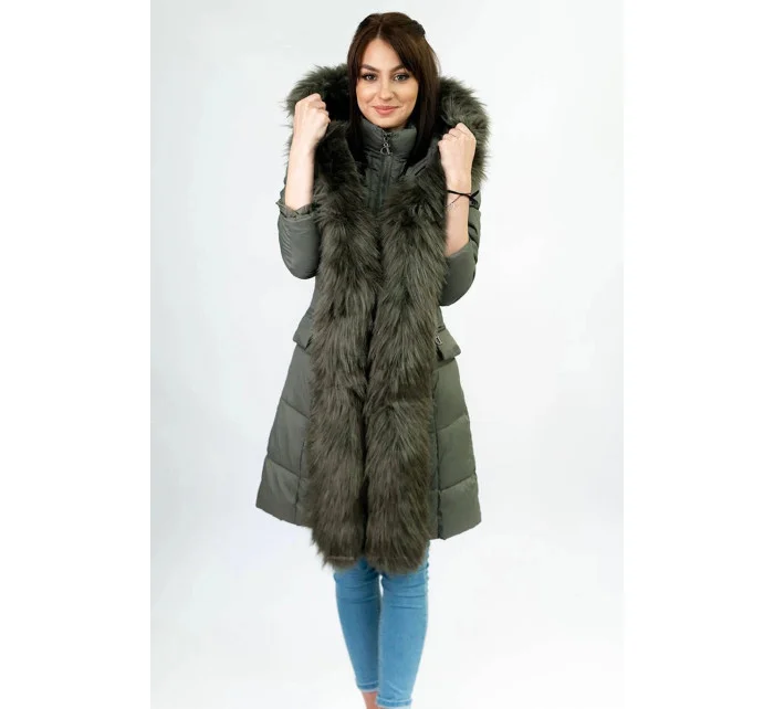 Dámska prešívaná zimná bunda s kapucňou khaki (aura)