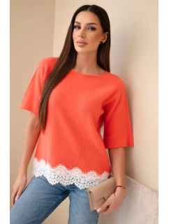 Dámsky sveter s krátkym rukávom a čipkou malinová