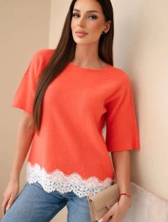 Dámsky sveter s krátkym rukávom a čipkou malinová