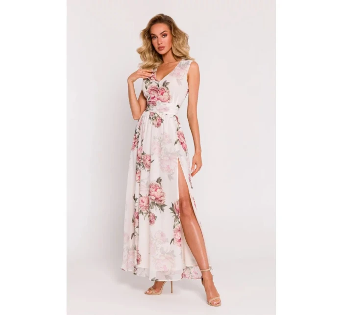 Dámské šifonové šaty model 21105543 model 2 Ecru s květy - Moe
