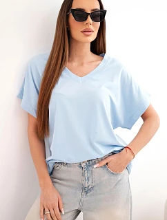 Dámska bavlnená blúzka s výstrihom do V a krátkymi rukávmi modrá