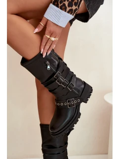 Ocieplane Kozaki Damskie Z Paskami I Klamrami Czarne Ivaline