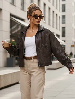 Dámska nadrozmerná hnedá kožená bunda FashionStreet TY5663