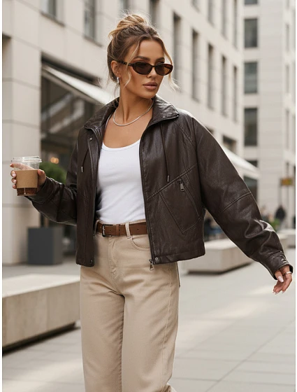 Kurtka damska skórzana oversize brązowa model 22084536 - FashionStreet