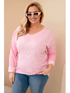 Dámske Plus veľkosť blúzka s potlačou a perlami svetlo ružová