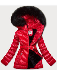 Červená lesklá zimná bunda s machovitou kožušinou (W673)