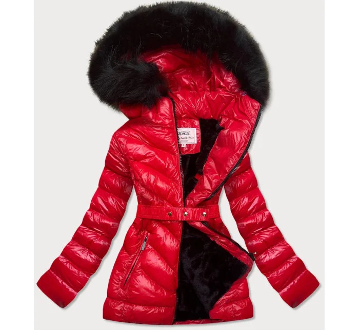 Červená lesklá zimná bunda s machovou kožušinovou podšívkou (w673)