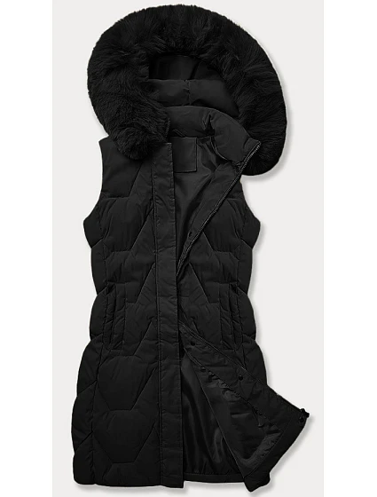 Černá dámská vesta s kapucí kožešinou model 20698555 - J.STYLE Černá dámská vesta s kapucí kožešinou model 20698555 - J.STYLE