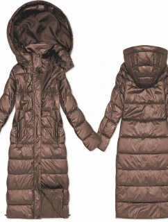 Dlhá prešívaná bunda v karamelovej farbe na prechodné obdobie s kapucňou (T3-2629#-305)