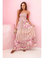 Dámské viskózové maxi šaty na ramínka s gumičkou a volánem fialka