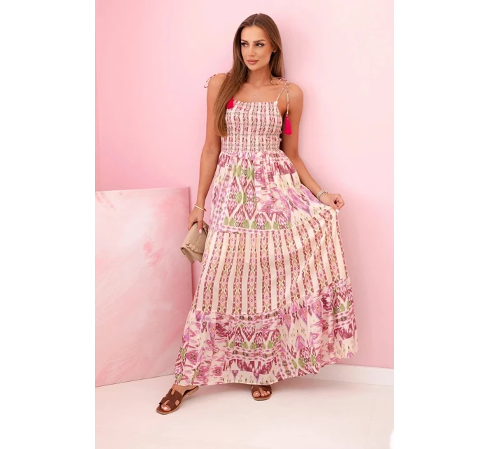 Dámské viskózové maxi šaty na ramínka s gumičkou a volánem fialka