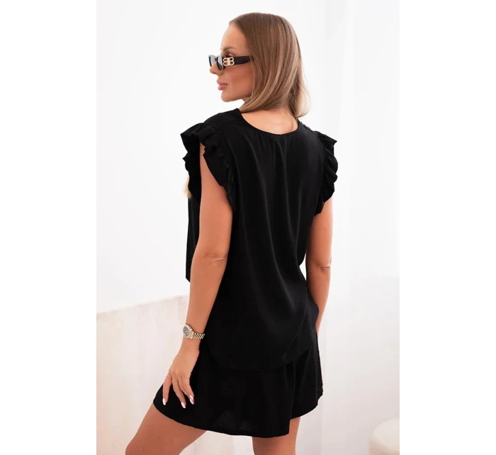 Dámský komplet z model 21214031 blůza s volánky a krátké šortky černý - K-Fashion