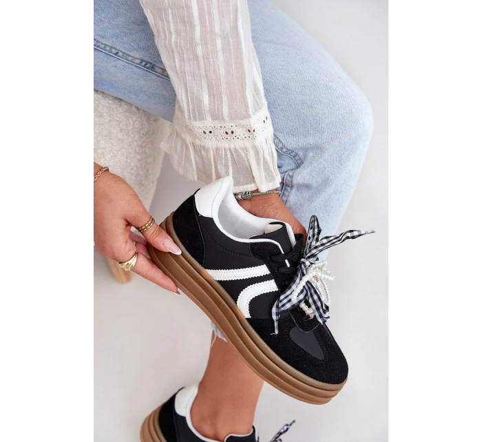 Sneakersy Damskie Na Platformie Z Ozdobami Czarne Vinness