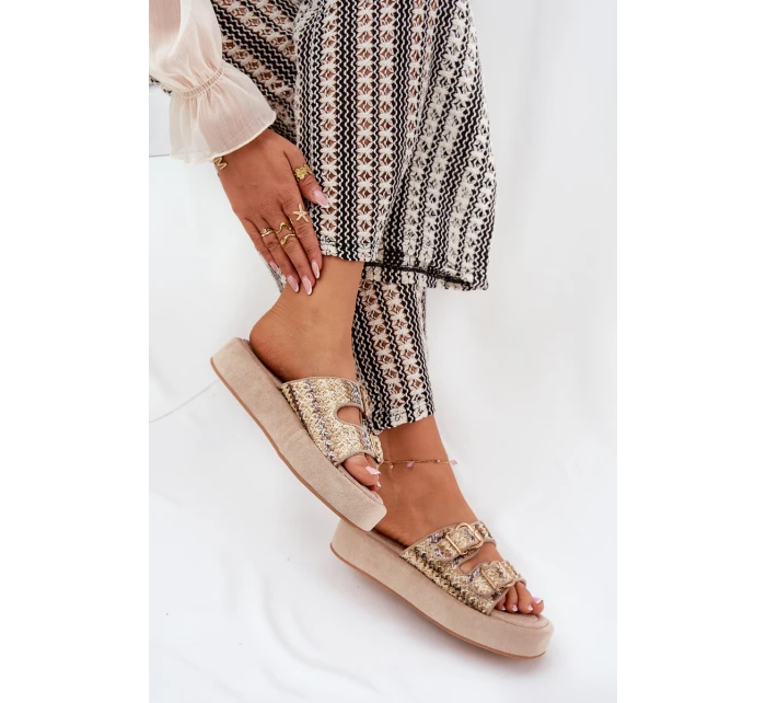 Klapki Damskie Na Platformie Z Klamrami I Plecionką Khaki Limme Klapki Damskie Na Platformie Z Klamrami I Plecionką Khaki Limme