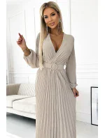 Béžové dámské midi šaty s výstřihem, dlouhými rukávy a širokým opaskem model 19012562 - numoco basic