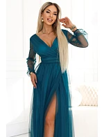 Dlouhé maxi šaty s rukávy a obálkovým výstřihem lahvově zelené model 22045483 - numoco basic Dlouhé maxi šaty s rukávy a obálkovým výstřihem lahvově zelené model 22045483 - numoco basic