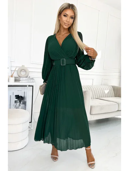 414-1 KLARA plisované šaty s opaskom a výstrihom - BOTTLE GREEN 414-1 KLARA plisované šaty s opaskom a výstrihom - BOTTLE GREEN
