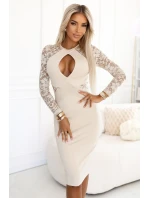 621-1 Šaty v ceruzke s čipkovanými rukávmi a zmyselným výstrihom - béžové