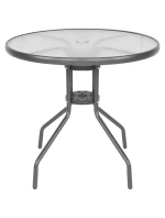 SADA ZÁHRADNÉHO NÁBYTKU OKRÚHLY STÔL 4 STOLIČKY A SLNEČNÍK TMAVOSIVÁ