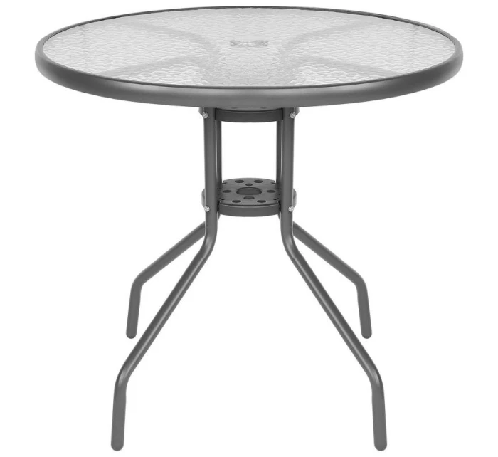 SADA ZÁHRADNÉHO NÁBYTKU OKRÚHLY STÔL 4 STOLIČKY A SLNEČNÍK TMAVOSIVÁ