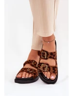 Klapki Damskie W Panterkę Na Platformie Z Klamrami Brązowe Simbes