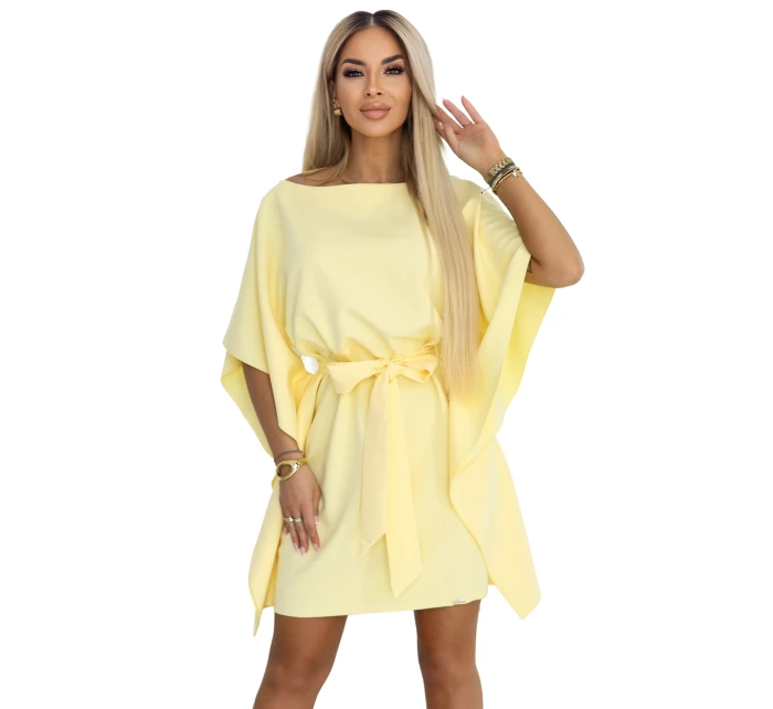 287-41 SOFIA Motýlie šaty so zaväzovaním v páse - pastelový citrón