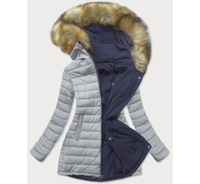 Tmavomodro-šedá obojstranná dámska zimná bunda s kapucňou (w213) Tmavomodro-šedá obojstranná dámska zimná bunda s kapucňou (w213)