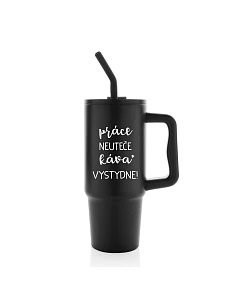 PRÁCE NEUTEČE, KÁVA VYSTYDNE! - černý cestovní termohrnek 900 ml