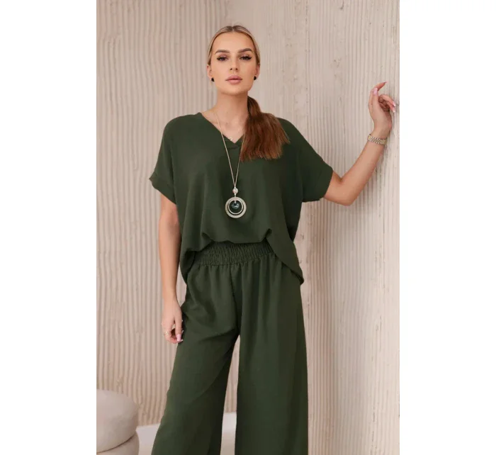 Súprava s náhrdelníkom blúzka + nohavice khaki