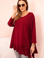 Dámska blúzka v nadmernej veľkosti s bavlnou, volánom a vyhrnutými rukávmi bordová