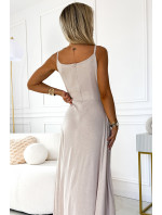 CHIARA - Elegantné béžové dámske dlhé maxi šaty s brokátom 299-15
