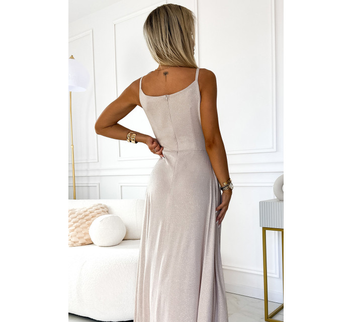 CHIARA - Elegantné béžové dámske dlhé maxi šaty s brokátom 299-15