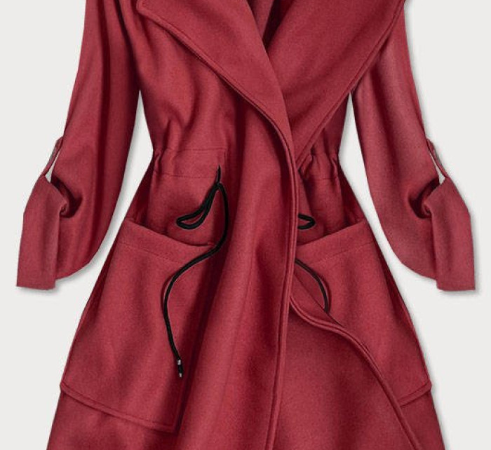 Voľný dámsky kabát v bordovej farbe s chlopňami (20536)