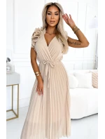 Béžové dámské plisované šifonové midi šaty s výstřihem a volánky model 20171428 - numoco basic Béžové dámské plisované šifonové midi šaty s výstřihem a volánky model 20171428 - numoco basic