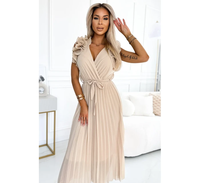 Béžové dámské plisované šifonové midi šaty s výstřihem a volánky model 20171428 - numoco basic Béžové dámské plisované šifonové midi šaty s výstřihem a volánky model 20171428 - numoco basic