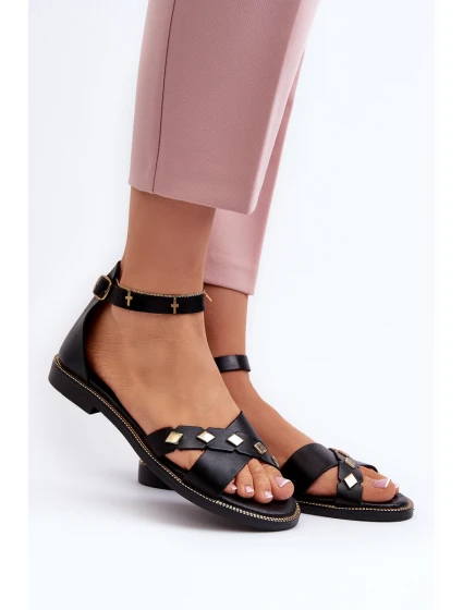 model 21657362 Ploché Dámské Kožené Sandály Černé - Zazoo