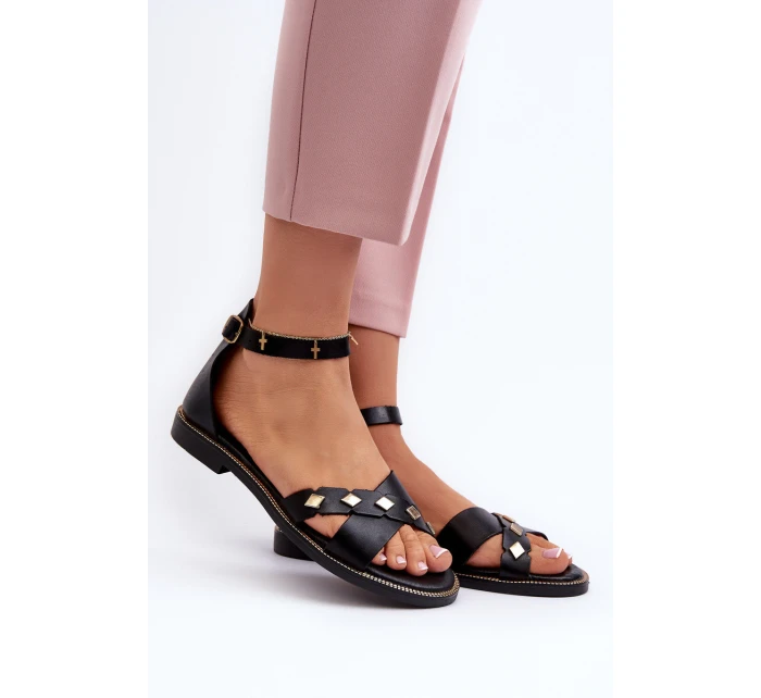 model 21657362 Ploché Dámské Kožené Sandály Černé - Zazoo