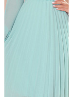 ISABELLE - Dámske plisované šaty v mätovej farbe s výstrihom a dlhými rukávmi 313-12