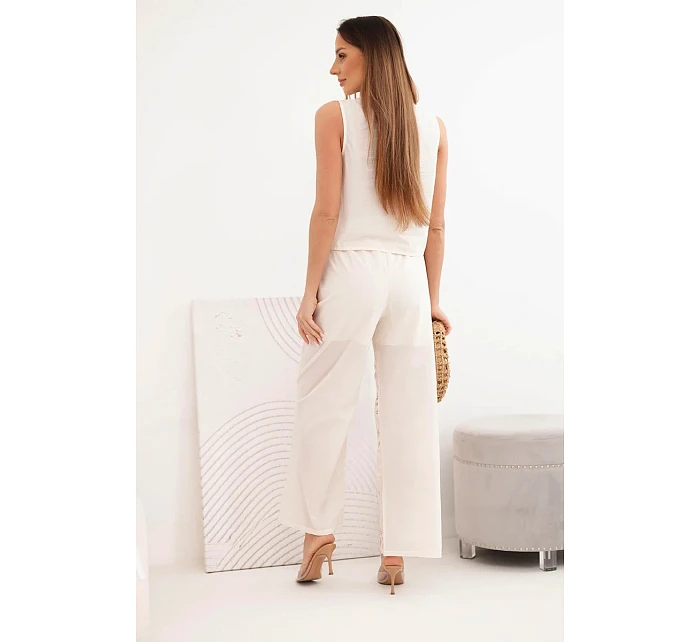 Dámsky bavlnený komplet s vyšívanou vestou a nohavicami béžovej farby