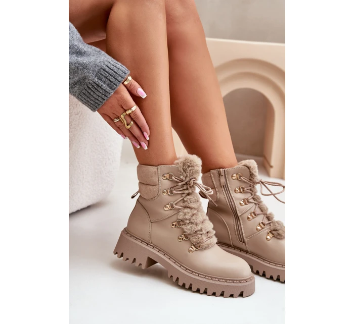 Ocieplane Botki Trapery Na Zamek Z Eko Skóry Beżowe Willatta