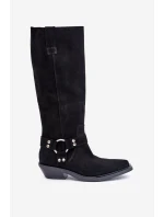 Semišové Kozačky Kovbojky Na Nízkém Podpatku S Dekorací model 21680168 Černé - Zazoo