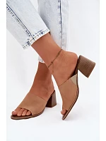 Dámske semišové kožené papuče na podpätku Zazoo 40519 dark beige