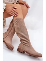 Dámske čižmy na nízkom podpätku s perforovaným vzorom S.Barski - béžové, ekokoža